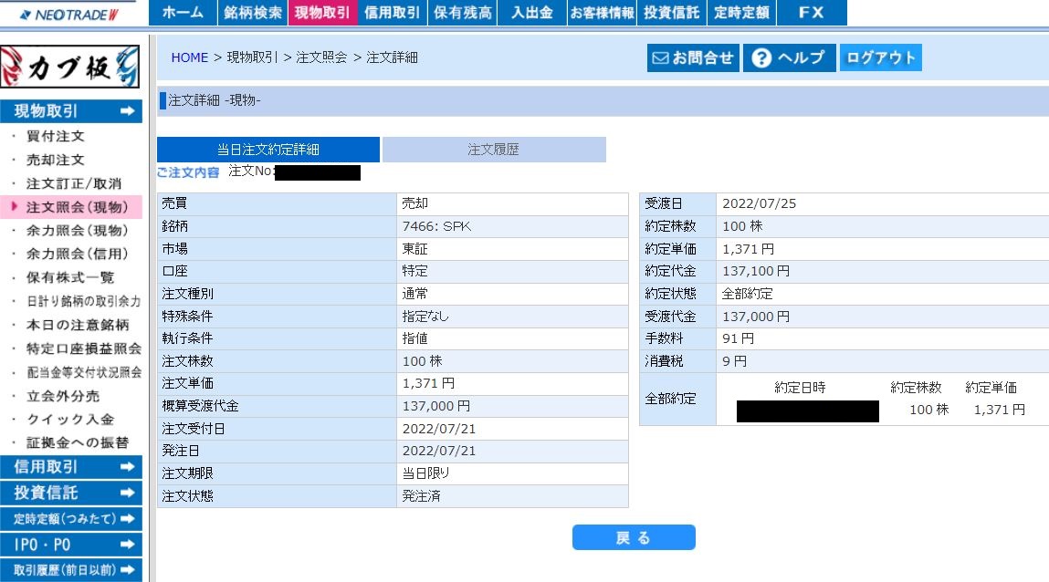 SPK売却明細SBIネオトレード証券