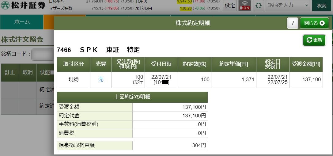 SPK売却明細松井証券