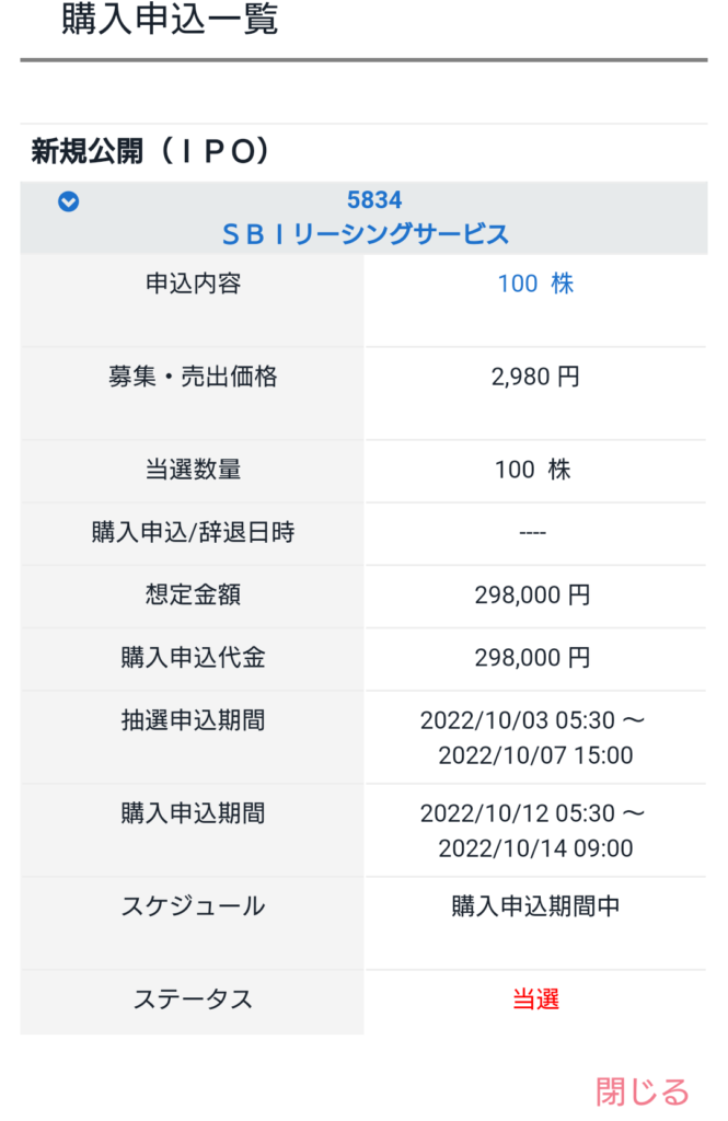 SBIリーシングサービスCONNECT当選