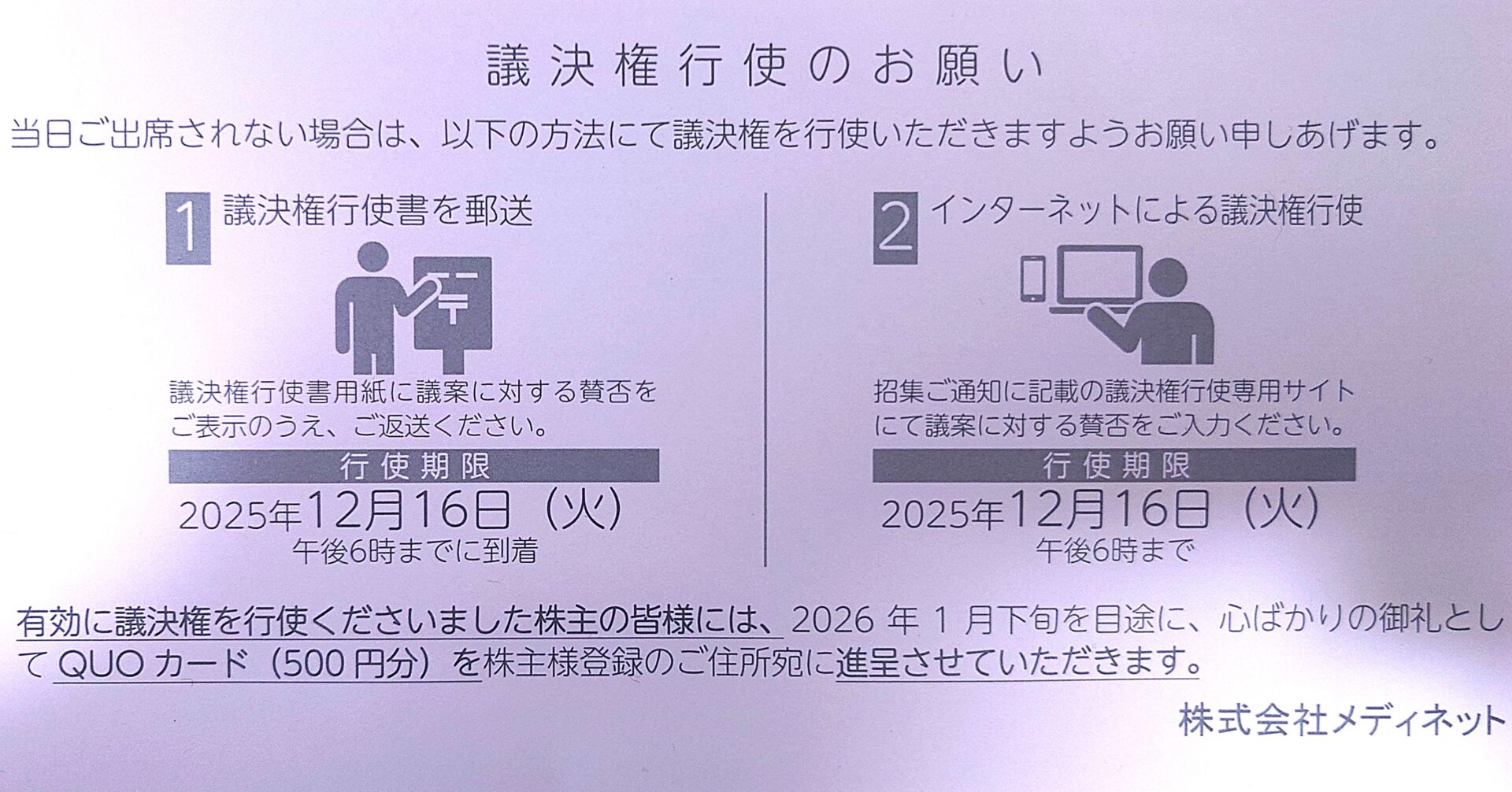 メディネット 議決権行使で500円QUO確定