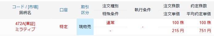 ミラティブ 大和コネクト証券 売却明細