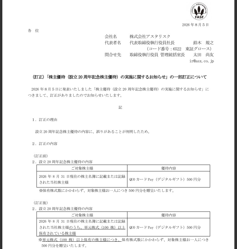 アスタリスク(訂正)「株主優待(設立20周年記念株主優待)の実施に関するお知らせ」の一部訂正について